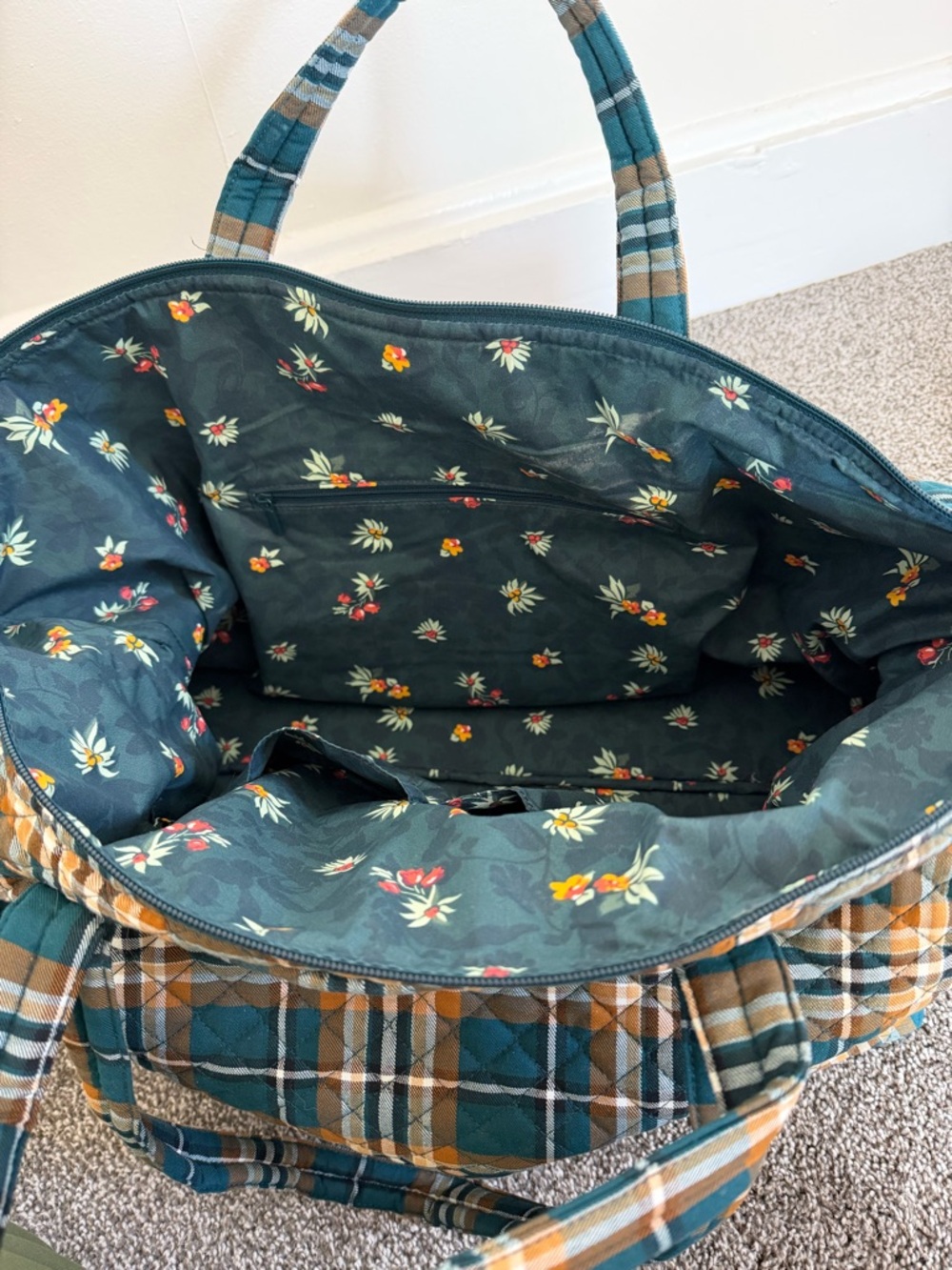 Vera Bradley Quilted Plaid Tote and Cosmetic Pouch in Teal, Brown, White - Picture 3 of 6